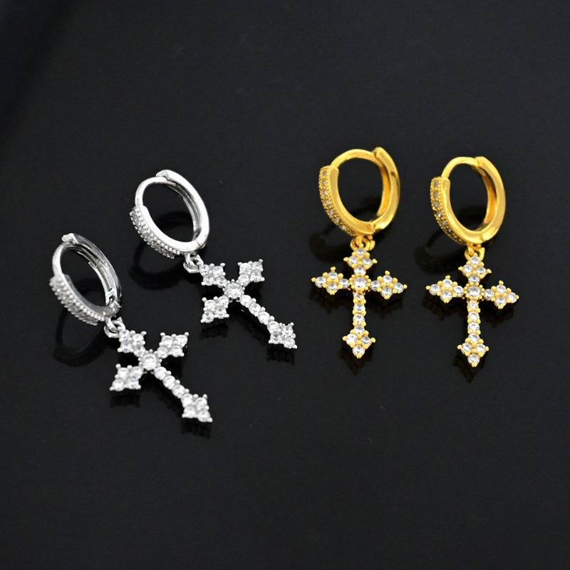 Cross Zircon Stud Earrings Hip Hop Fashion Men Ear Cuff Jewelry