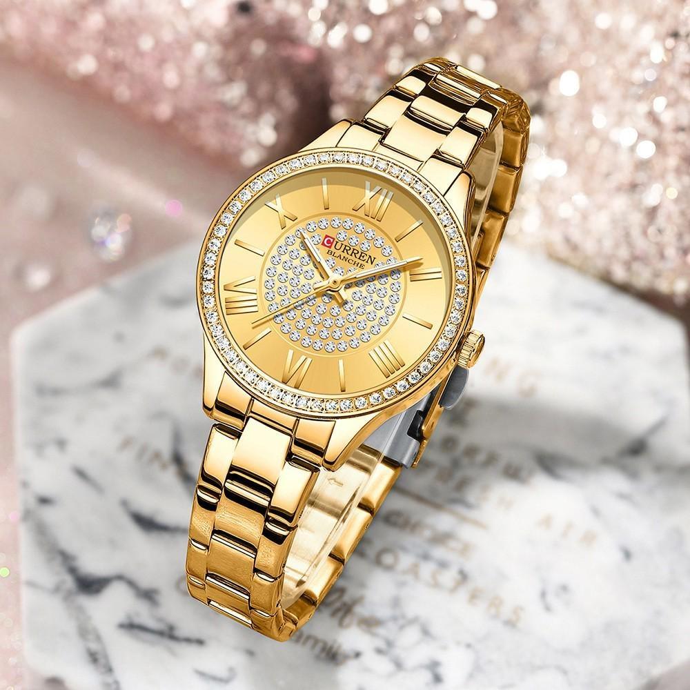 CURREN Fashion Women Gold Watches Luxury Diamond Dial Ladies Wristwatch Stainless Steel Bracelet Waterproof Luminous Classic Female Clock