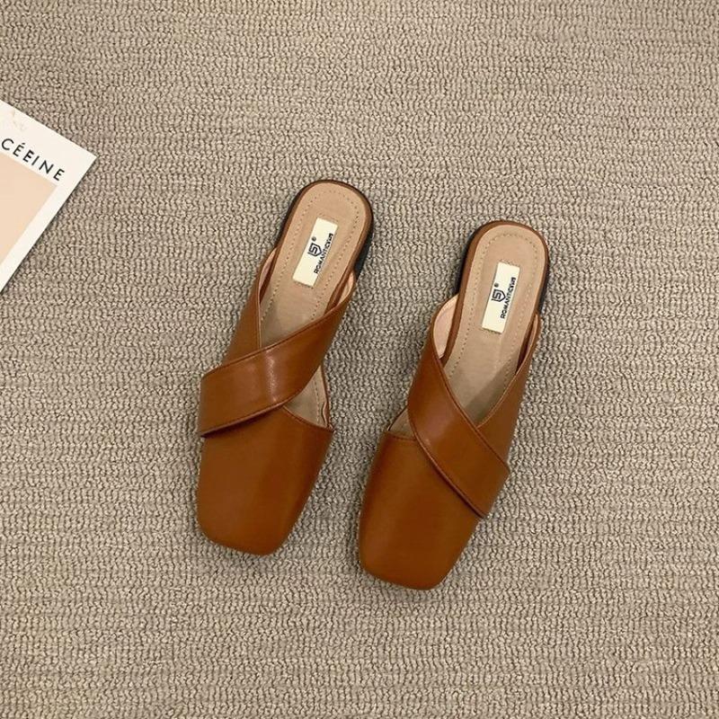 Women's Outside Flat Slippers Summer New Korean Style Square Head Shoes Fashion Solid Colour Lightweight Walking Sandals