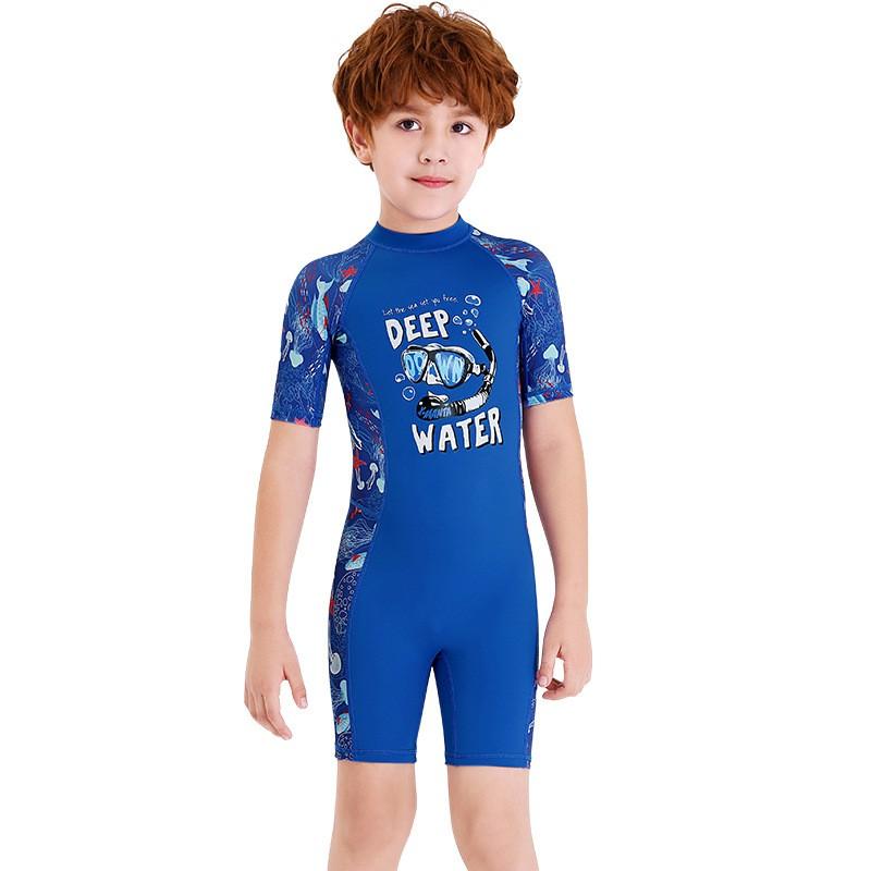 Kids UV Protection Swimsuit With Short Sleeves One-Piece Rash Guard Girls Boys Toddler Beach Snorkeling Quick-Dry