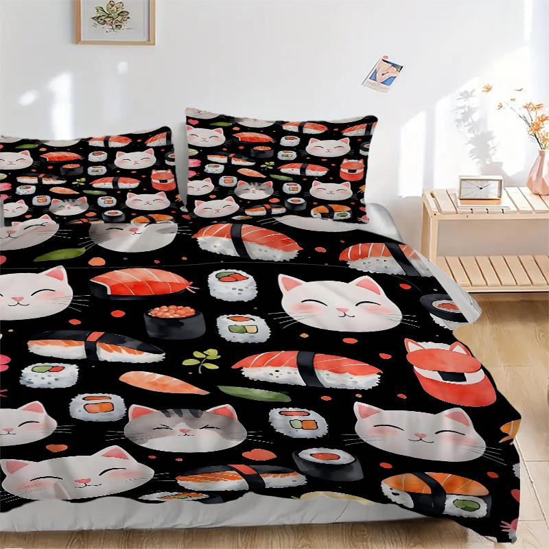 3pcs Cats and Sushi Bedding Set, 1 Soft Quilt Cover + 2 Pillowcases, Machine Washable, Suitable for All Seasons