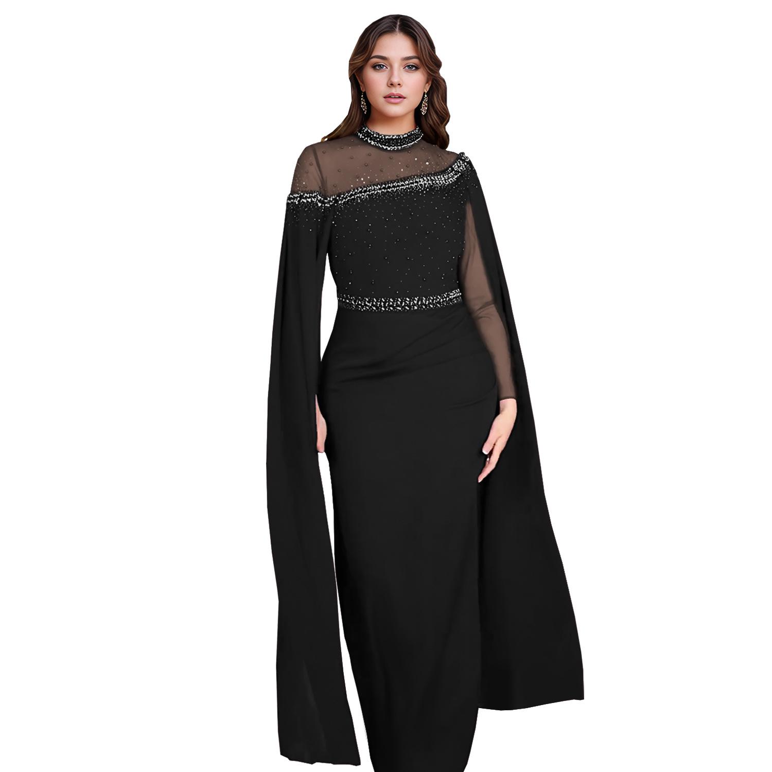 

C7280 Шифоновое Сетчатое Вечернее Платье с Рукавами-Накидками, Расшитое Биссером S чёрный