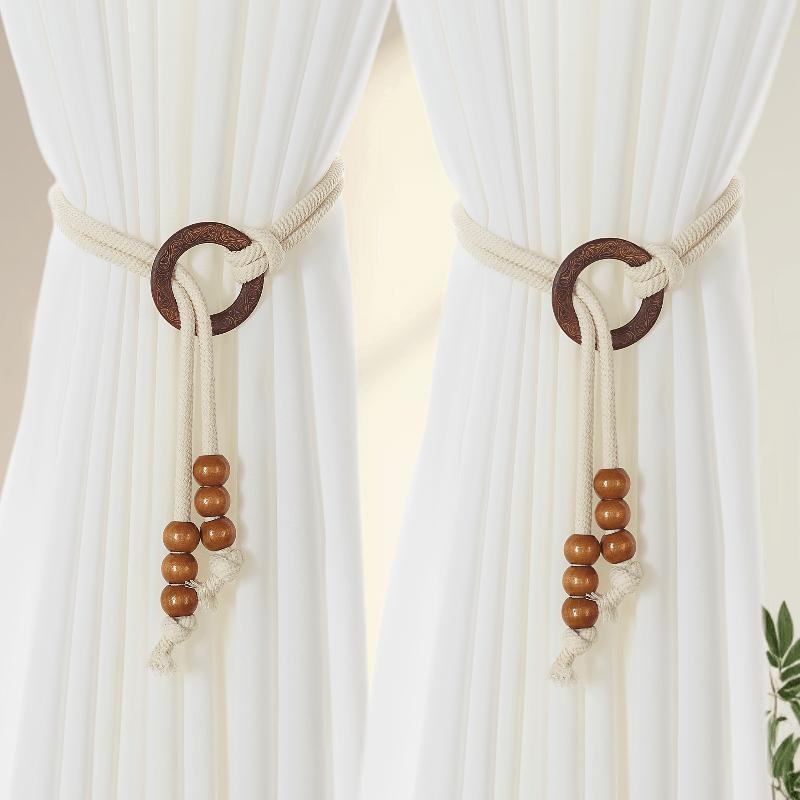 2Pcs Adjustable Drawstring Design Vintage Natural Wood Curtain Tiebacks - Elegant Window Decor for Living Room Bedroom - Standard & Sheer Curtains