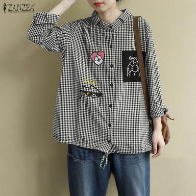 Women Casual Turn Down Collar Loose Long Sleeve Grid Print Blouse