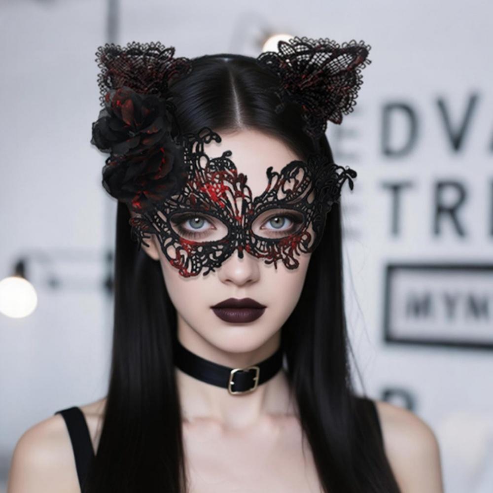 Halloween Party Mask Comfortable Half Face Lace Mask Cat Ear Headband Elegant Costume Mask Set For Dance Halloween Party Costume