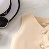 2PCS Girls Flower Applique Sleeveless Vest & Pleated Skirt Set, Button-Down Two-Piece Outfit
