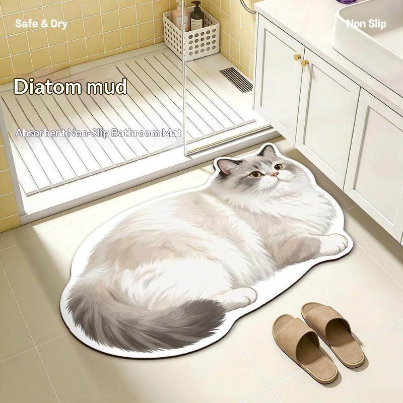 Diatomite Bath Mat Kawaii Cat Print Non Slip Super Absorbent Odor Resistant for Home Bathroom Shower Use
