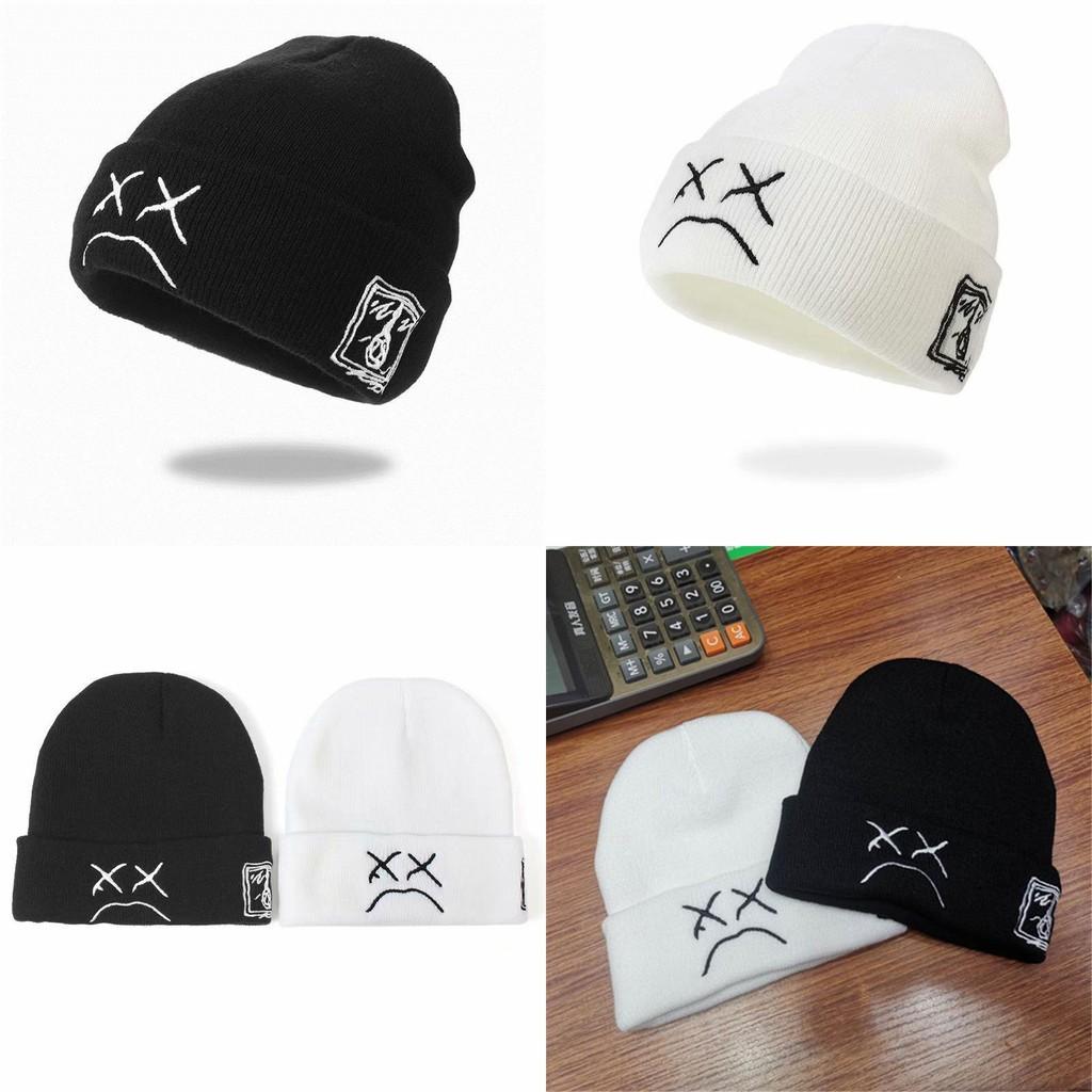 Fashion Hat Knitted With Sad Expression Embroidery Design For Wear Daily