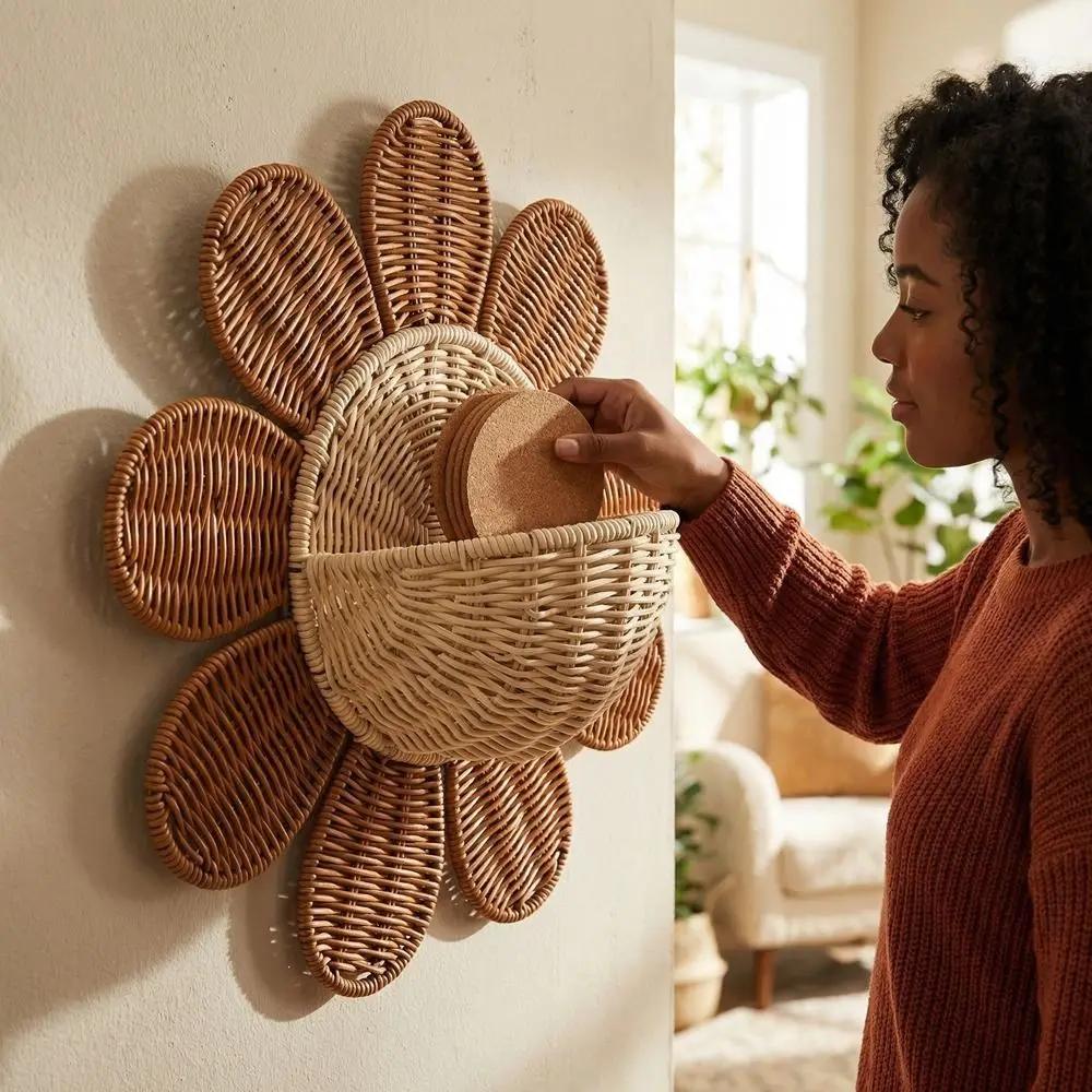 Handmade Imitation Rattan Sun Flower Wall Hanging Basket Decorative Nordic Style Storage Baskets PP Keys Storage Basket Room