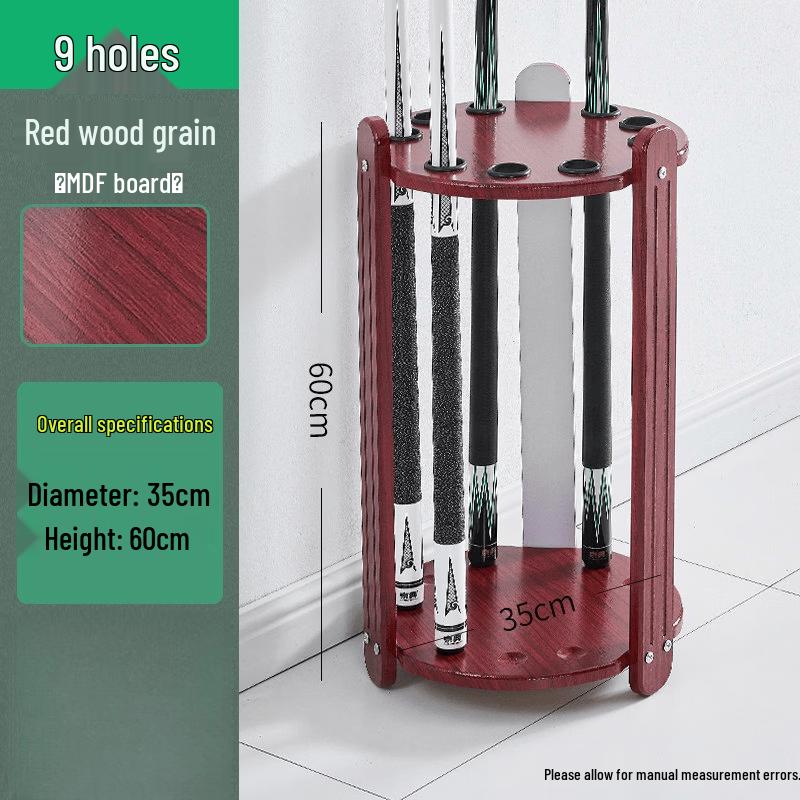 Standing 9-Hole Billiard Cue Rack with Rosewood Grain