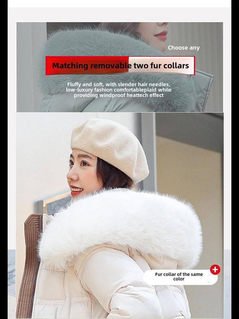 Korean Style Long Winter Cotton Coat with Large Fur Collar for Women – Thick, Loose, Over-Knee Design, Plus Sizes Available.