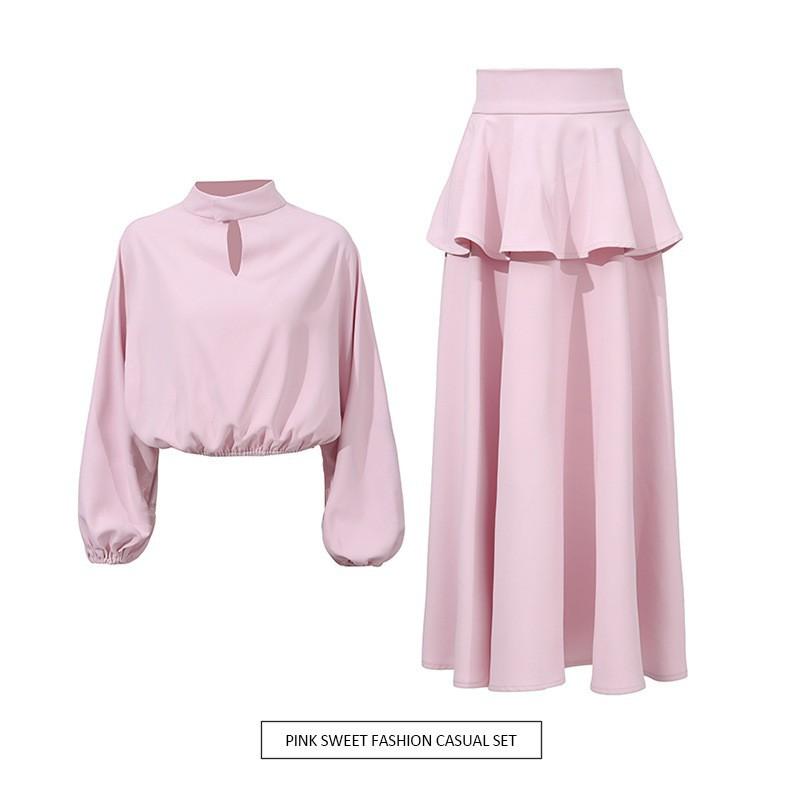 Fashion Brand Suit Pink Loose Long-sleeved Top + Ruffled Skirt Two-piece Set