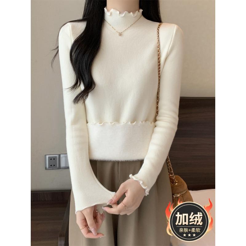 Autumn and winter warm semi-turtleneck knitted sweater women's fungus edge fleece sweater simple and versatile inner backing top