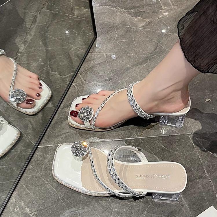Two sandals for women to wear 2025 new summer fashion rhinestone toe fairy wind thick high heel crystal cool slippers