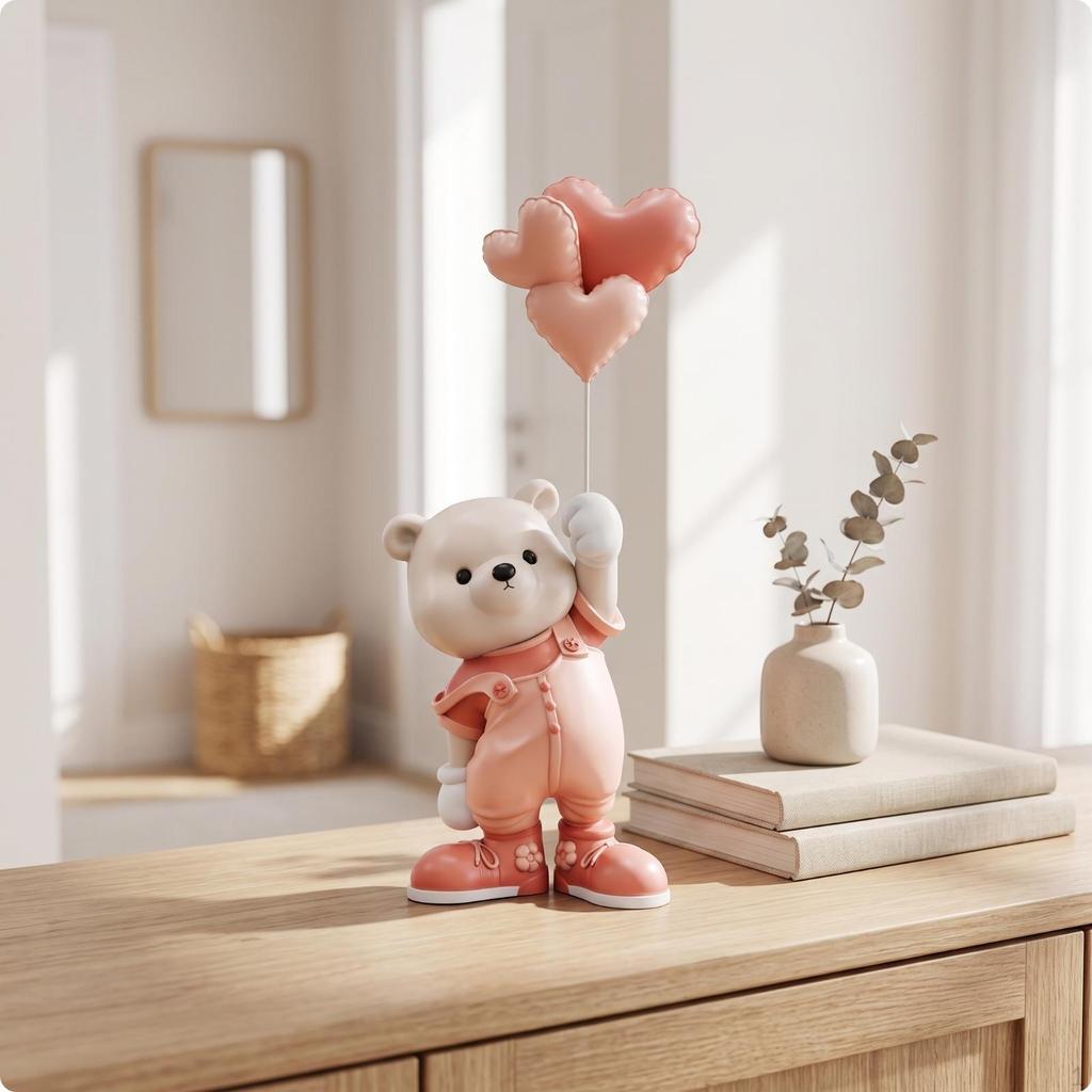 Bear Figurine with Balloon Desktop Resin Sculpture Cute for Entryway, Homeowners
