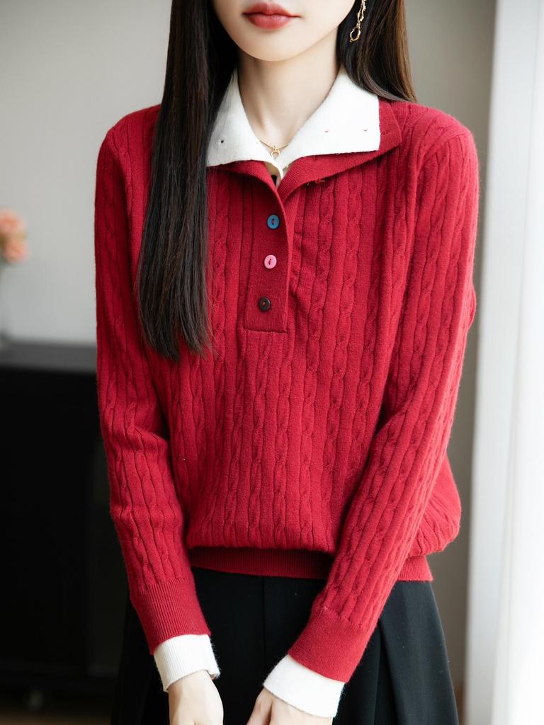 High-End Women's Retro Cable Knit Sweater: Two-Piece, Half-Open Collar, Korean Style, Autumn/Winter Slimming Knitwear