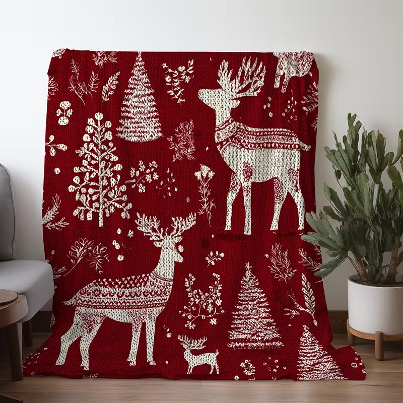 Red Ethnic Reindeer Christmas Blanket Vintage Folk Print Soft Warm Blanket for Sofa Bed Xmas Winter Holiday Home Decor Blanket