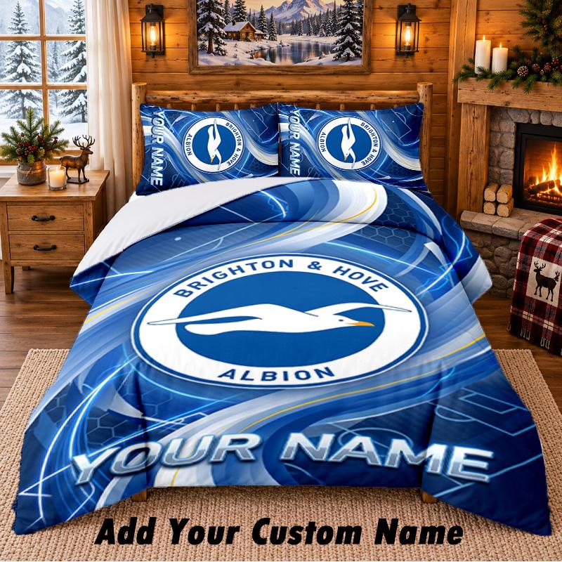 Brighton & Hove Albion Football Pattern Bedding 3Pcs Set Custom Name, Bed Sheet And Pillowcases For Home Bedroom
