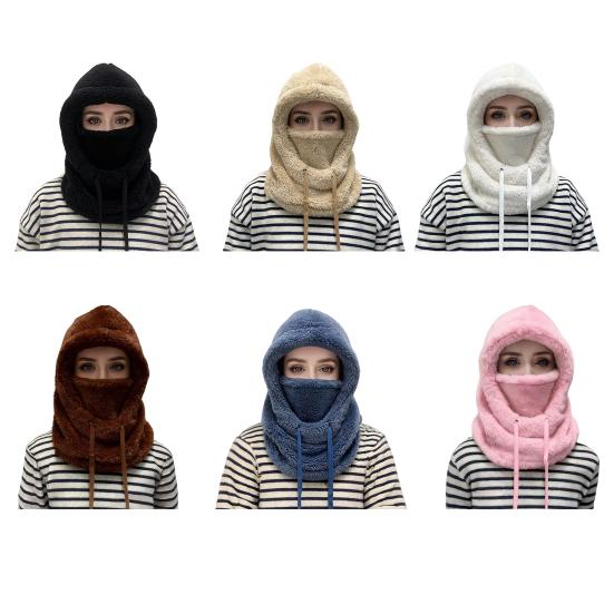 Women Riding Headgear Solid Color Adjustable Drawstring Face Guard Headgear Fall Winter Thickened Warm Plush Hat