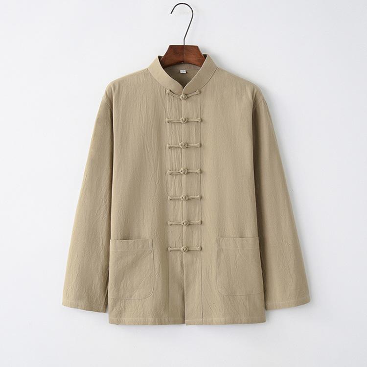 Men’s Chinese Cotton Linen Tang Suit Long Sleeve Frog Button Kung Fu Shirt - Hanfu Zen Meditation Top for Middle-Aged & Elderly (Spring)