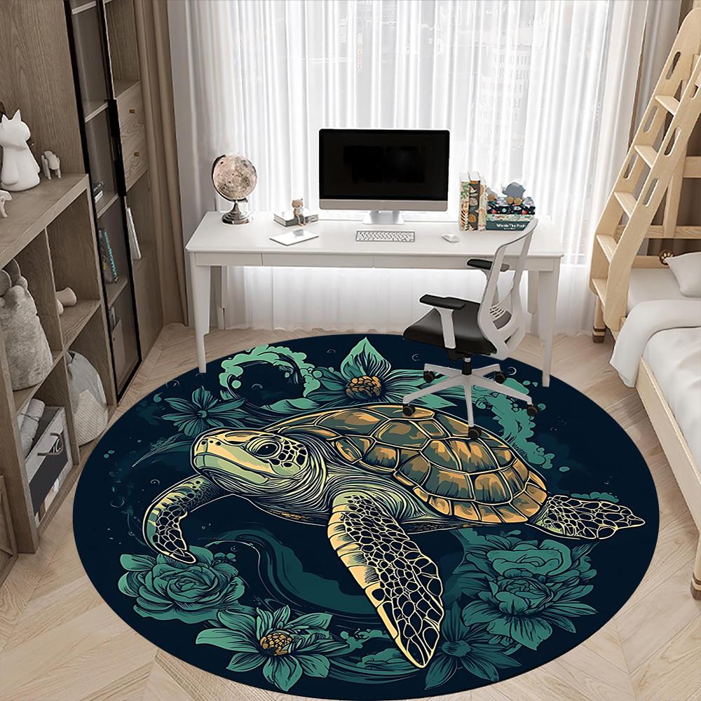 1pc Sea Turtle Print Chair Carpet for Office, Round Non-Slip Durable Large Size Office Carpet, Suitable for Office, Beautiful Decoration