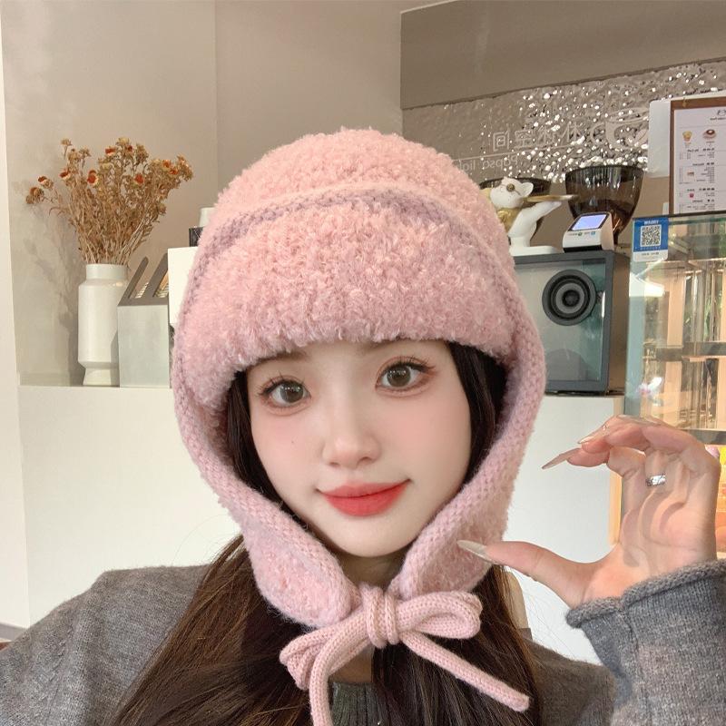 Winter New Women's Ear Protectors Headgear Warm Lace-up Lei Feng Hat Student Solid Color Simple Flying Hat