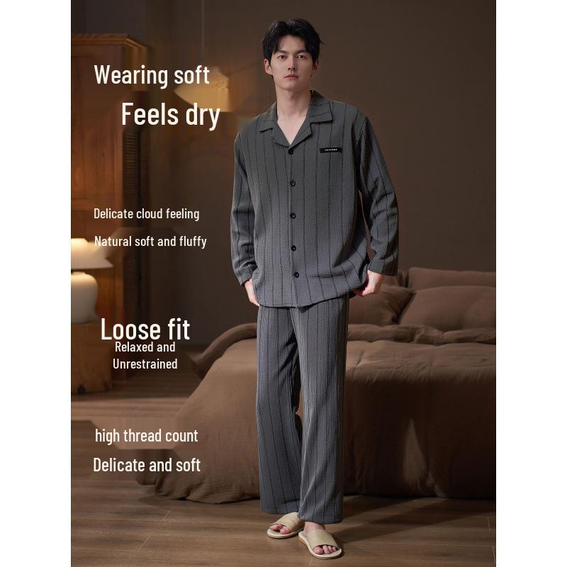 Men's Long-Sleeve Woven Gauze Pajama Set for Spring/Autumn