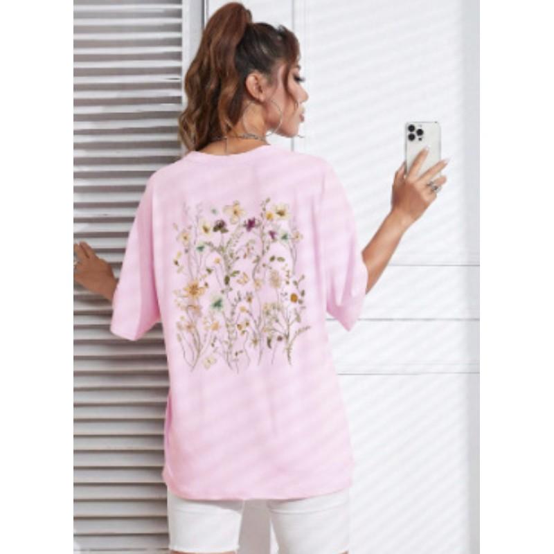 Women's Spring/Summer Fresh Print Short-Sleeve Top Breathable Loose-Fit Pullover T-Shirt