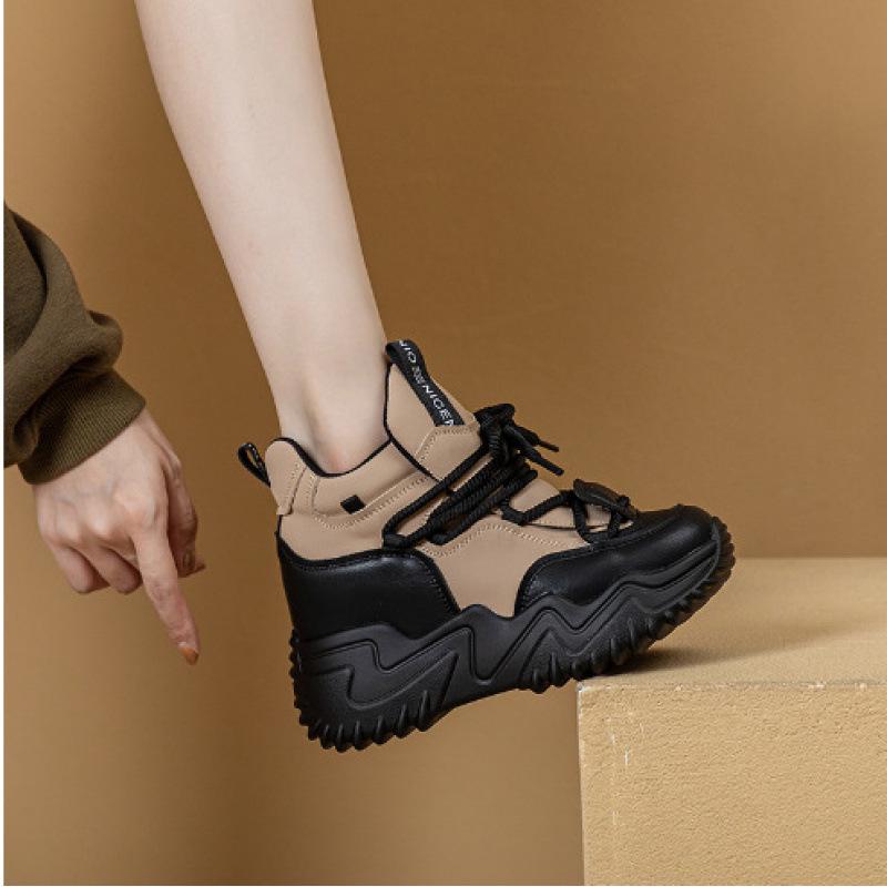 Autumn and winter thick-soled inner height-increasing shoes casual lace-up comfortable and warm casual short boots medium tube women's cotton shoes
