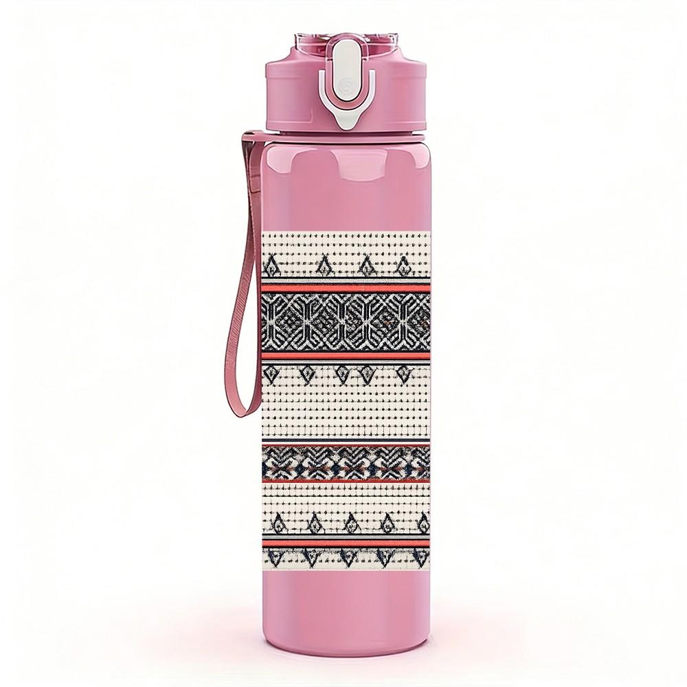 1PC Ethnic Geometric Stripe Woven Print 750ml Color Plastic Sports Water Bottle Leakproof Flip Straw Lid Suitable for Sports Office Home Use