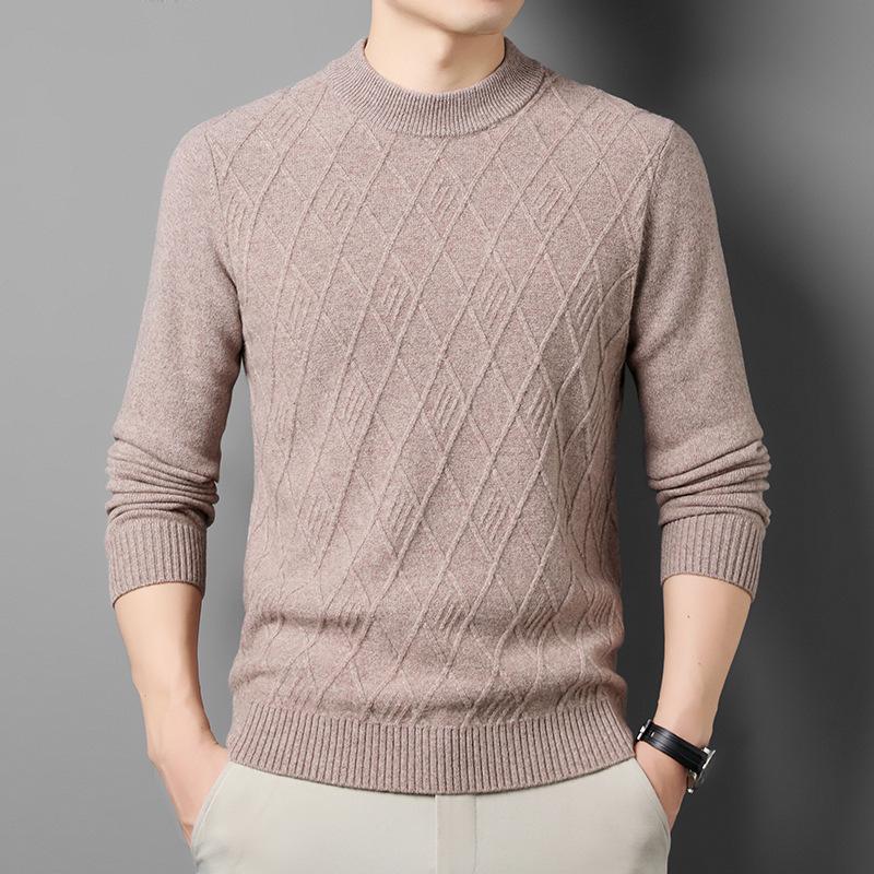 Men's 100% Wool Round Neck Winter Sweater, Casual Business Jacquard Knitwear