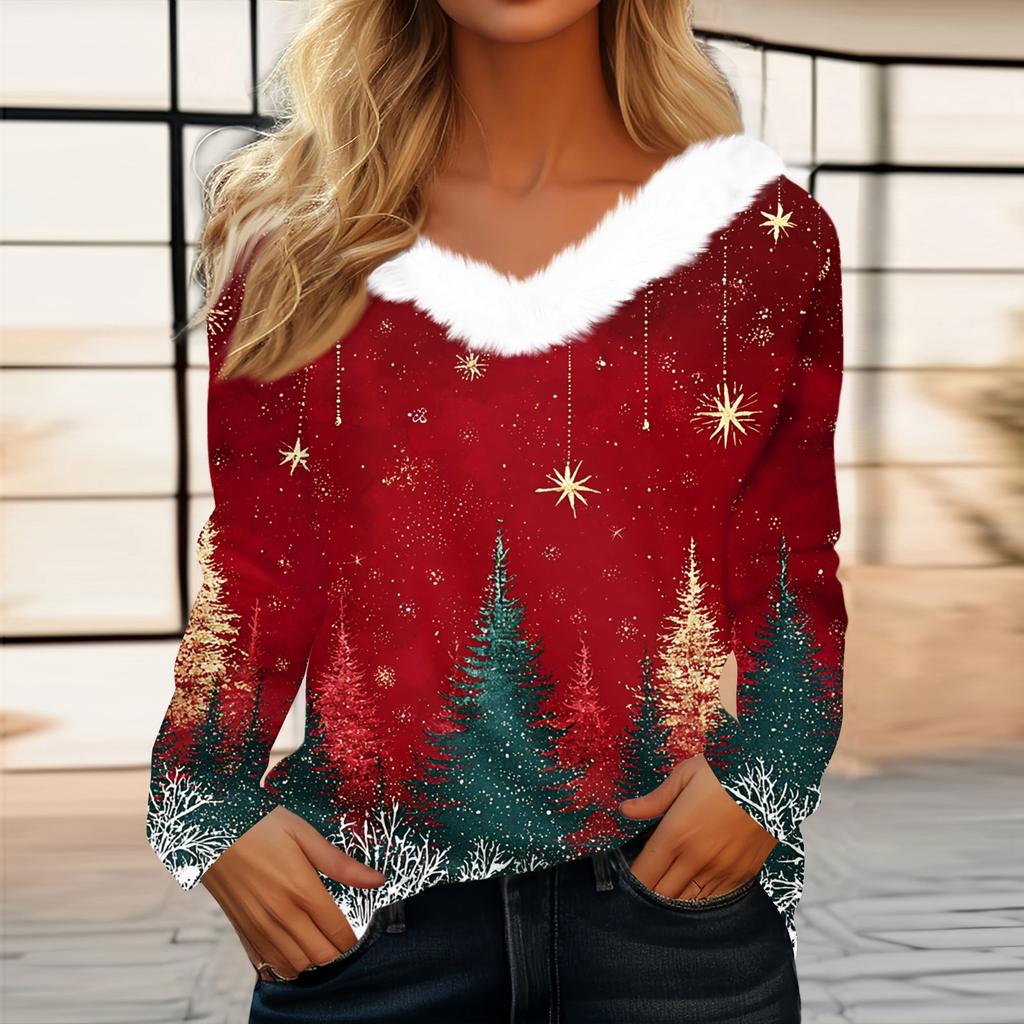 Women's T Shirt Tee Christmas Print Shirt Long Sleeve Party Christmas Fleece Collar V Neck  Top
