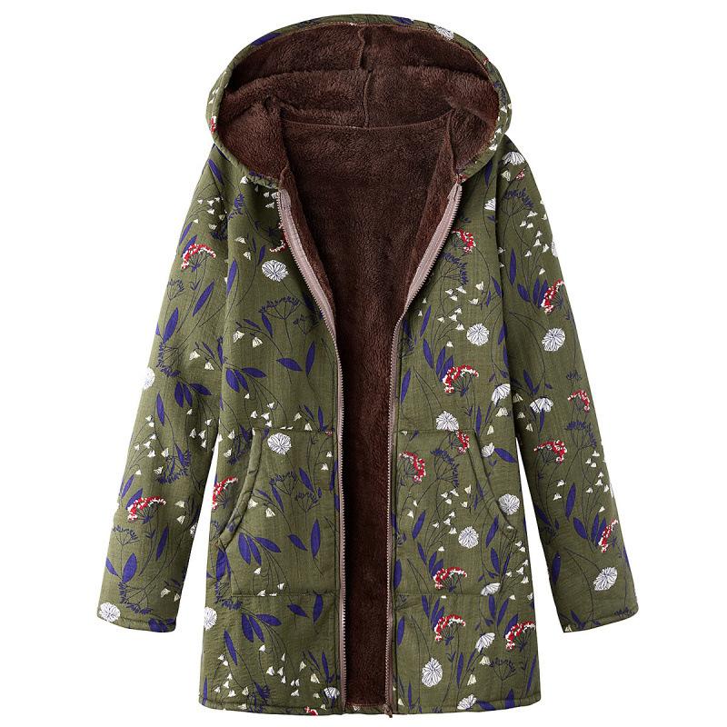 2025 European and American women's long-sleeved zipper hooded thickened composite cotton-padded coat printed medium and long cotton-padded coat