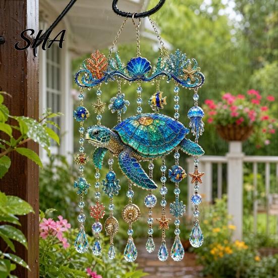 Ocean Window Decoration Animal Acrylic Hanging, Stained Glass Style Sea Turtle Whale Dolphin Suncatcher Outdoor Balcony with Crystal Beads &