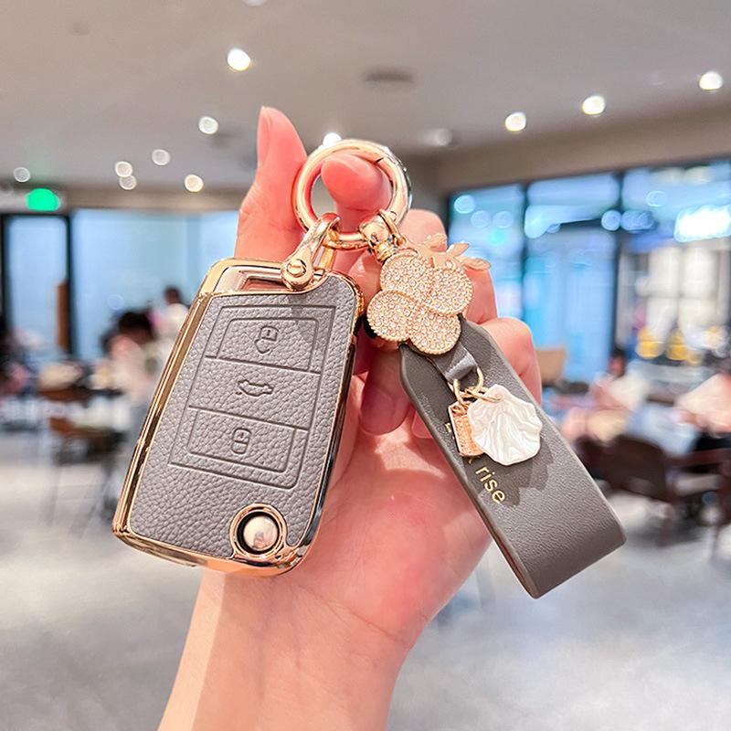Tpu Genuine Leather Auto Key Fob Cover Smart Case Housing Mount Chain Remote Fit For Vw Volkswagen T-Roc Golf 7 Polo Tiguan T-Cross Jetta Eos Beetle