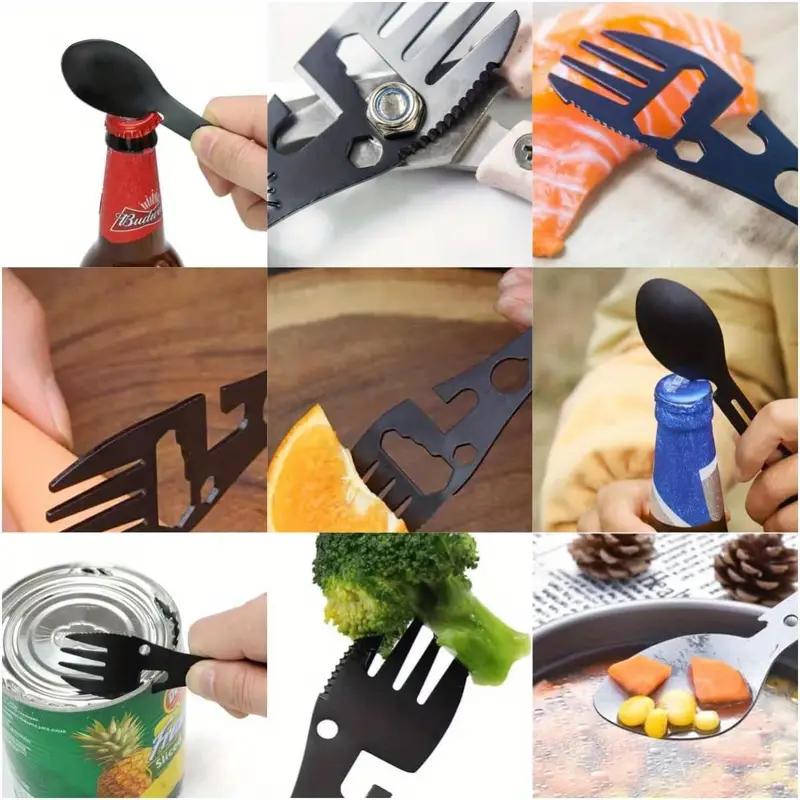 1-20PCS 5 In 1 Stainless Steel Fork Spoon Knife Can Opener Bottle Opener Wrench Multifunctional Gear Outdoor Camping Supplies