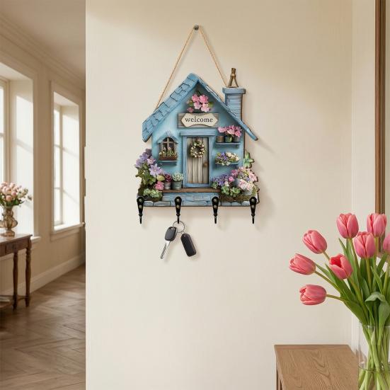 Hängendes Schild 'Feenhaus' aus Holz, Schlüsselhalter im Landhausstil Wanddeko mit 4 Haken, Vintage Blumen-Hängegestell für Eingangsbereich Flur Küche