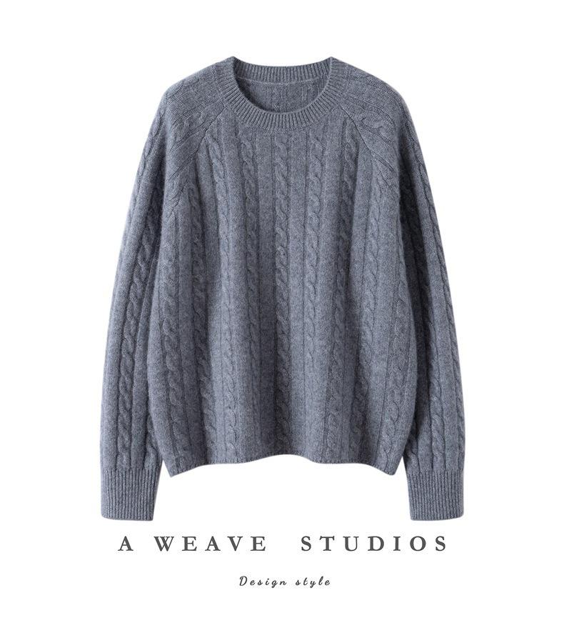 2025 Autumn/Winter Women's Loose Cashmere Cable Knit Sweater - Short, Round Neck, Casual Base Layer