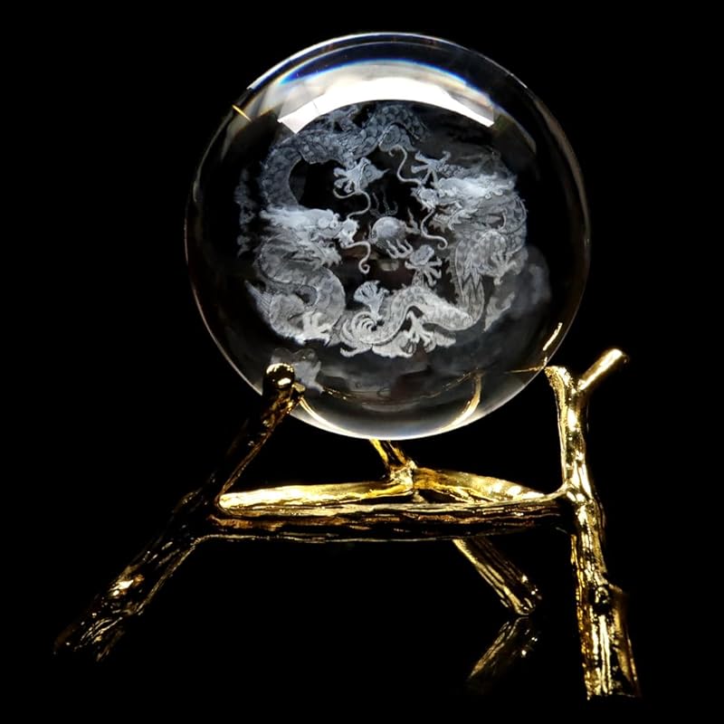 

[GOLD STONE] crystal ball Approximately 80mm Ryujin zodiac Dragon ornament artificial crystal round ball With pedestal New Year new year lucky charm