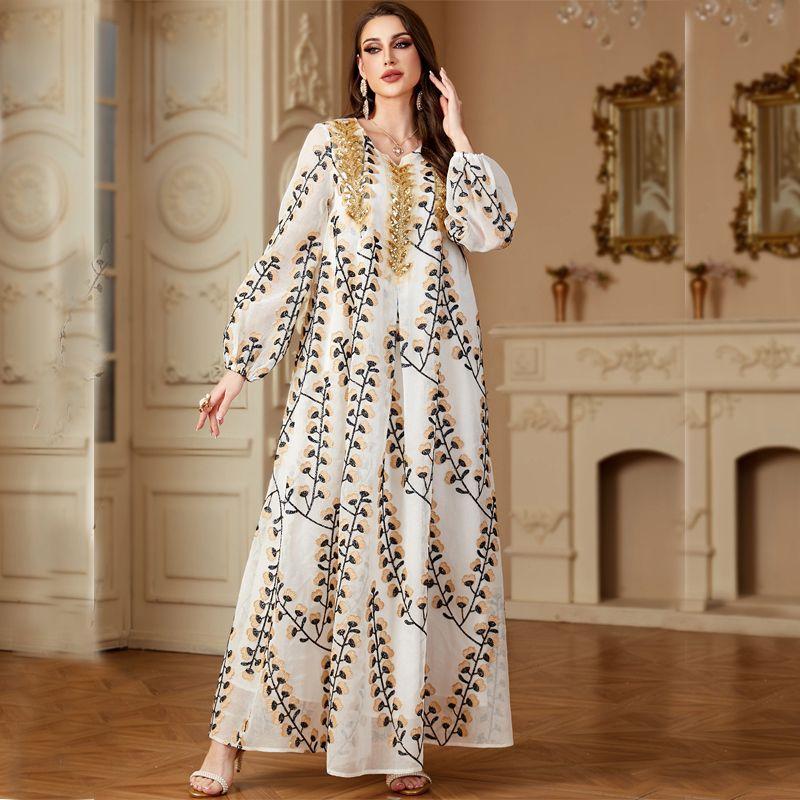 

Ближний Восток Индонезия Саудовская Аравия Мода Сетчатая Вышитая Длинная Юбка Женский Халат с Закрытыми Рукавами Дубай Платье Платья White L