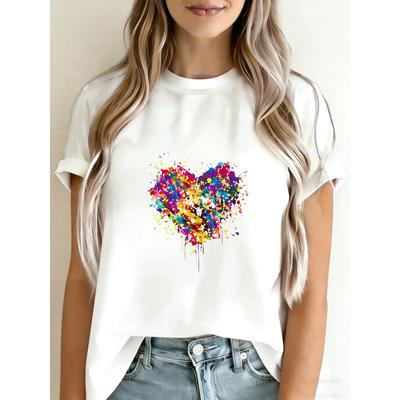 White T-Shirt With Colorful Heart Splash Print For Casual Wear