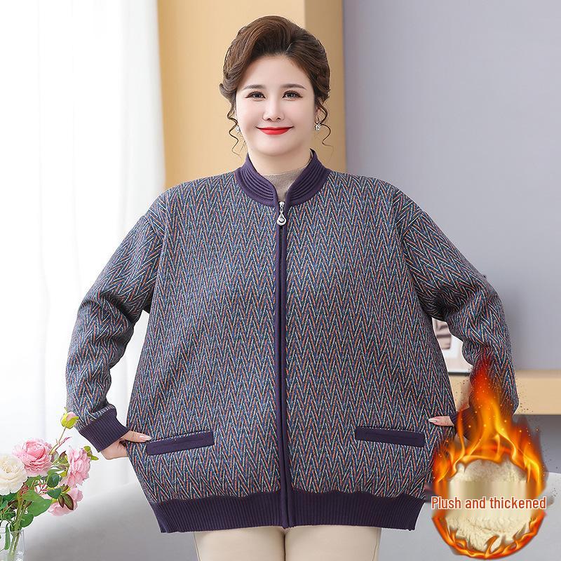 Fat Mama Plus Size Fleece-Lined Cardigan: Warm Autumn Winter Sweater for Middle-Aged & Elderly Women