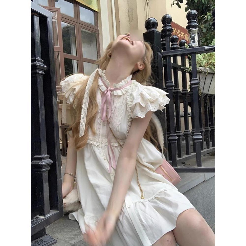 Milk and good little fly sleeve dress summer sleeveless college style pure and sweet small loose doll skirt