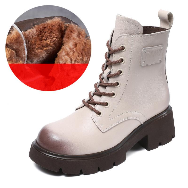 Johnature Genuine Leather Wool Short Boots Warm Snow Boots Thick Heel Thick Soled Women's Boots