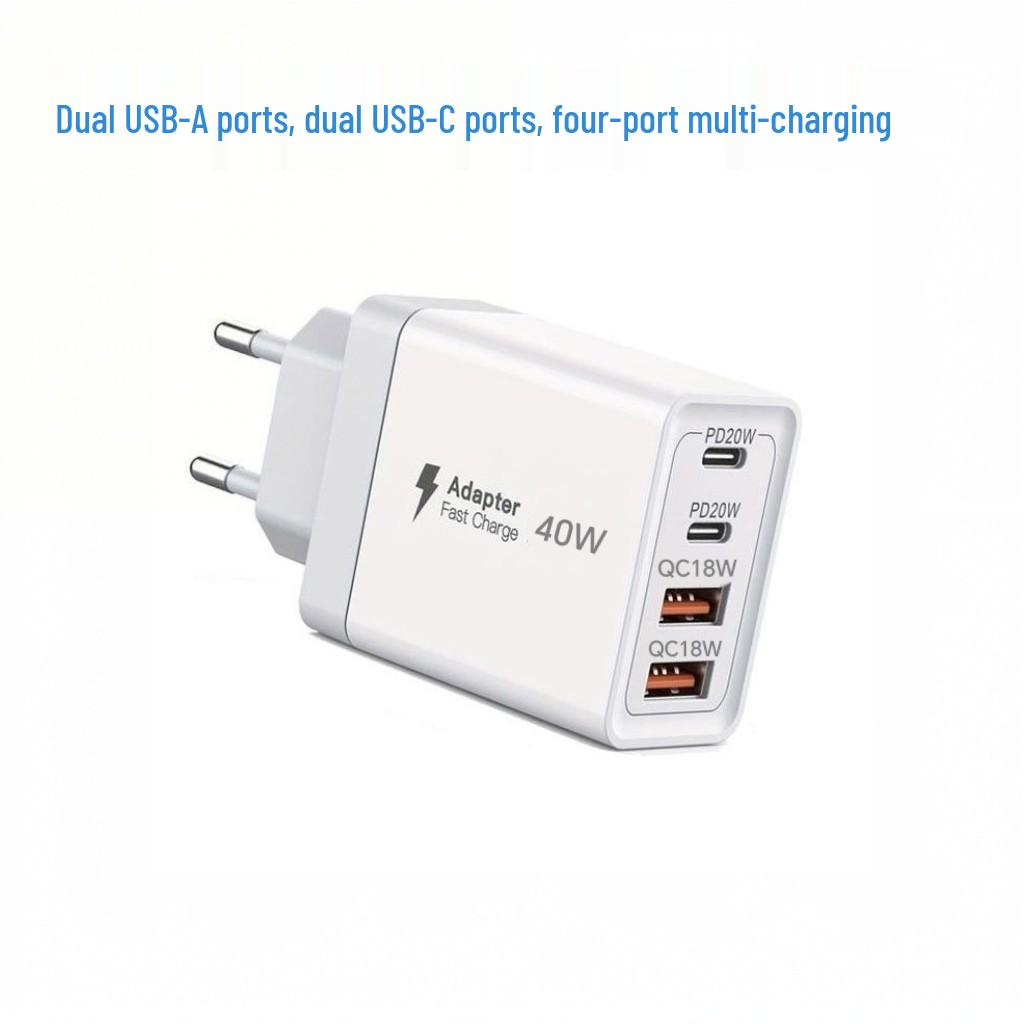 40W EU Standard 4-Port Fast Charger: 2 USB-C & 2 USB-A for Mobile Phones & Watches