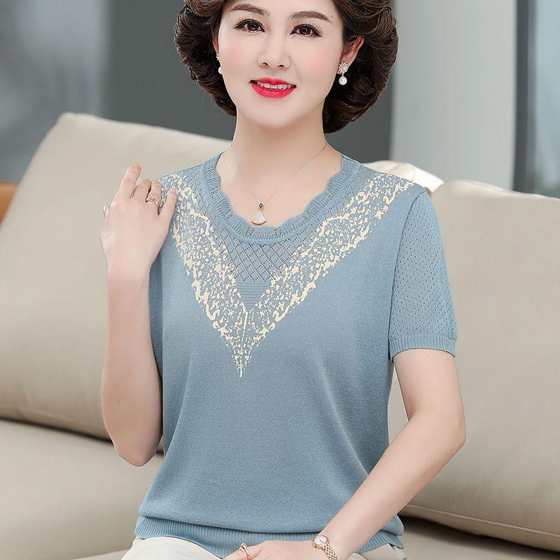 Knitted Short Sleeved Small Shirt Middle-aged and Elderly Women's Summer T-shirt Top