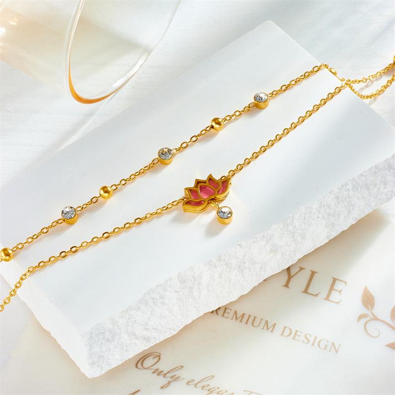 Gold Double Layer Anklet with Pink Lotus Pendant Zircon, Dainty Foot Chain for Women Summer Beach Jewelry