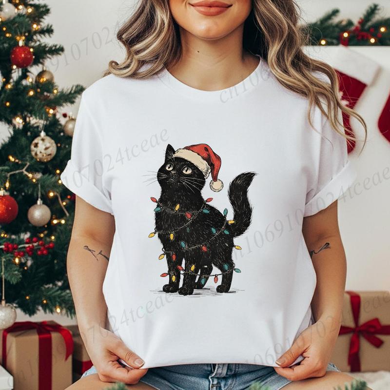 

Women s Holiday Shirt T-Shirts Cute Cat Christmas Prints Graphic Tees Comfortable Personality Street Tops Fashion Woman Clothes XL