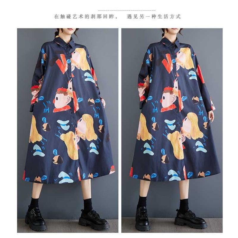 New Loose Large Size Oceanic Printing Mid-length Literary Retro Dresses
