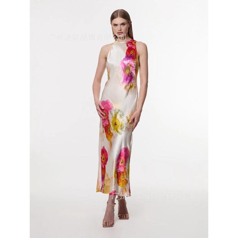 Damen Sexy Elegantes Feiertagsdruck Kontrastfarbe Nackenband Langes Schlitzkleid